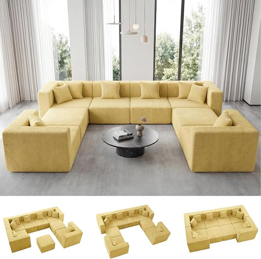 MONVANE Modular Sectional Sofa, Oversized 8 Seat Convertible U Shaped Couch with Ottoman, Comfy Teddy Velvet Cloud Couch with Deep Seat, Sectional Couches for Living Room, No Assembly Required, Yellow