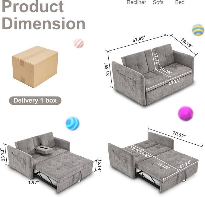 57.48" Convertible Sofa Bed with Cup Holder, Pull Out Sleeper Sofa Bed with USB Charging Ports, 3 in 1 Convertible Sleeper Sofa Bed for Living Room, Apartment, Bedroom, RV, Grey