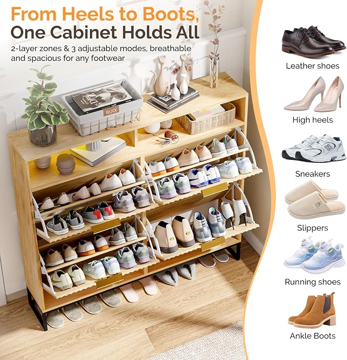 VINGLI Fluted Shoe Cabinet for Entryway, Narrow Hidden Shoe Storage Organizer with 4 Flip Drawers & 16-Color LED Lights, Mid Century Modern Slim Freestanding Shoe Rack with Cubby, Natural Oak