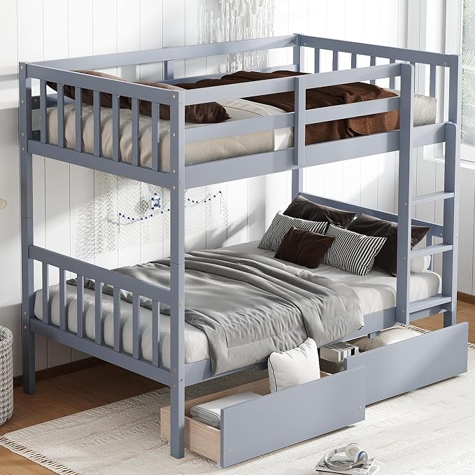 Harper & Bright Designs Twin Over Twin Bunk Bed with 2 Drawers, Convertible into 2 Twin Beds, Twin Bunk Bed with Ladder and Safety Guardrails, Gray