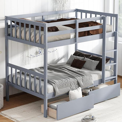 Harper & Bright Designs Twin Over Twin Bunk Bed with 2 Drawers, Convertible into 2 Twin Beds, Twin Bunk Bed with Ladder and Safety Guardrails, Gray