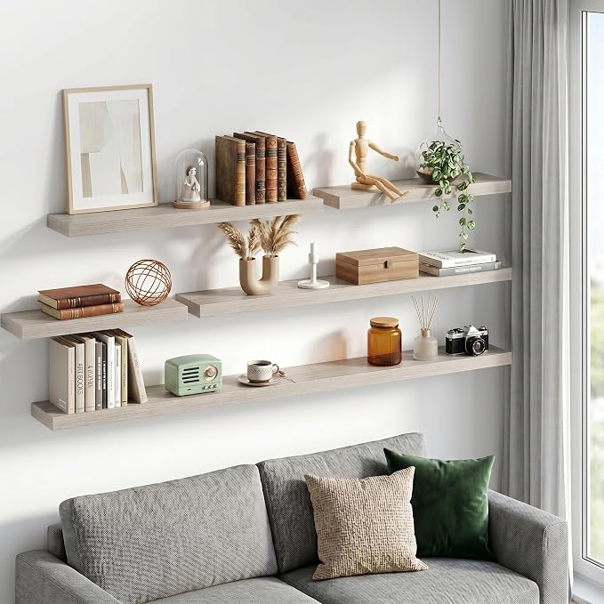 Fun Memories 24 Inch Floating Shelves - Deep Rustic Wooden Wall Shelves - Extra Deeper & Thicker Wall Mounted Storage Shelf for Bedroom, Kitchen, Farmhouse - 2 Pack, Grey