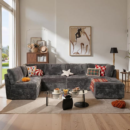 ovios Modular Sectional Sofa Couch with Sofa Bed L-Shape Chaise, Comfy Plush Corduroy Cloud Couches, Modern Luxury Deep Seat Sofas Set for Living Room, 6-Seater, Grey