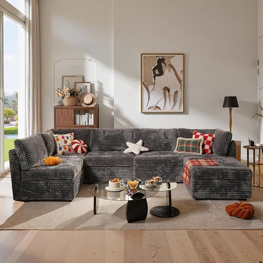 ovios Modular Sectional Sofa Couch with Sofa Bed L-Shape Chaise, Comfy Plush Corduroy Cloud Couches, Modern Luxury Deep Seat Sofas Set for Living Room, 6-Seater, Grey