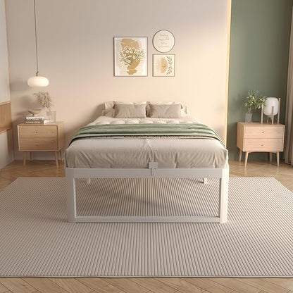 VYM 14 Inch Twin Size Bed Frame with Metal Gaskets, No Box Spring Needed, DIY Headboard, Heavy Duty Steel Slat Support, Anti-Slip Mattress Stopper, Round Corner Leg, Easy Assembly, White