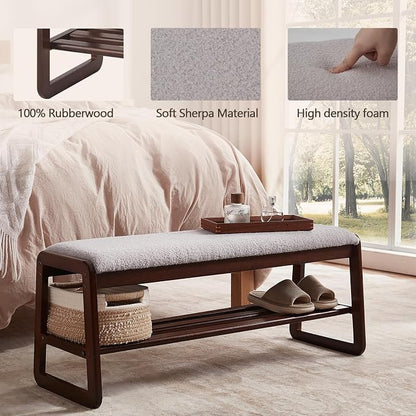 Achicsofar Shoe Rack Bench,2 Tier Solid Wooden Entryway Bench(Gray Lilac) | with Shoe Storage, Shoe Rack with Cushion, for Living Room, Hallway, Garage, 11.8"D x 39.4"W x 16.5"H