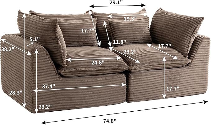 Boneless Couch Sectional Sofas Cloud Couches for Living Room | 74.8'' Modern Modular Cloud Sofa with Pillows for Bedroom