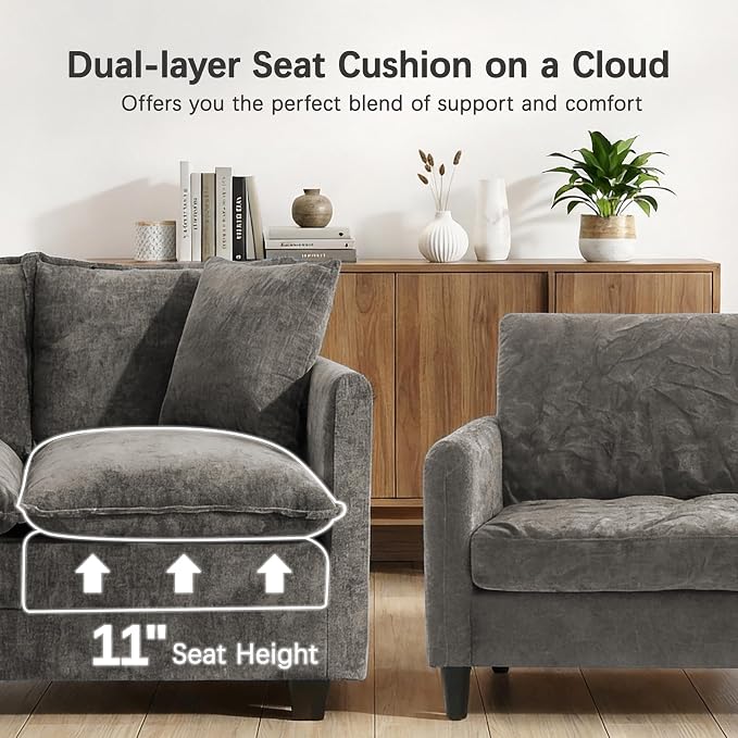 Loveseat Sofa, 52''Modern Cloud Sofa Couch with 27" Deep Seat & 2 Pillows, Comfy Chenille Small Couch for Small Spaces, Apartment, Studio, Bedroom, Living Room (Grey, Loveseat)