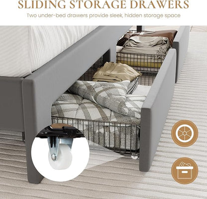 SHA CERLIN Velvet Queen Bed Frame with Vertical Channel Tufted Wingback Headboard & 2 Storage Drawers/2-Tier Shelves with LED Lights & Charging Station/Noise-Free/No Box Spring Needed/Light Grey