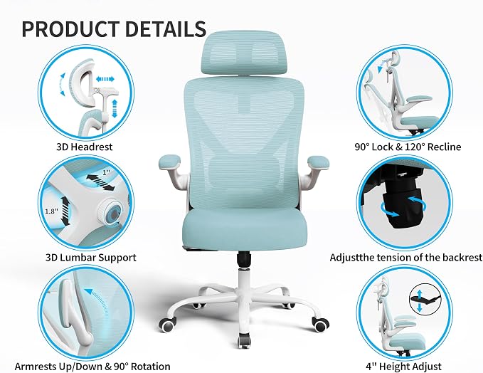 Ergonomic Office Chair: Computer Desk Chair Comfy Gaming Chair for Adults - Office Chair with Lumbar Support & Headrest - Executive Office Rolling Chairs for Home Work (Lake Blue)