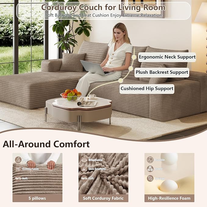 95" Cloud Sectional Couch with L-Shape Chaise, Modular Comfy Sofa Chaise Longue, Upholstered Corduroy Couches Sleeper with Deep Seat for Living Room Bedroom, No Assembly Required(Camel, Left Facing)