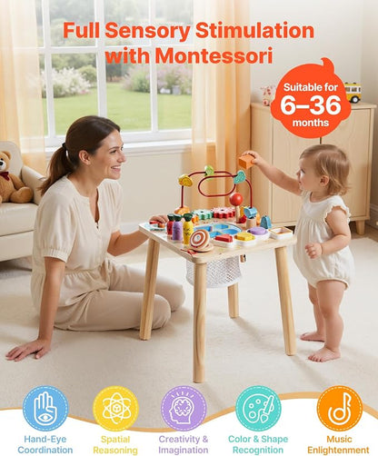 VEVOR Montessori Activity Table for Toddler 1-3 Years Old, 8 in 1 Wooden Learn Activity Desk, Baby Play Table for Boys & Girls Aged 6+ Months, Great Birthday, Christmas, Children's Day Present
