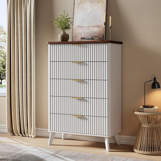 GarveeHome Fluted Dresser for Bedroom with 5 Deep Drawers, 47.2" Tall Chest of Drawers, Curved Profile Design, Modern Wooden Dresser, for Living Room, Kids Room, Hallway, White