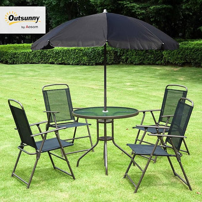 Outsunny 6 Piece Patio Dining Set for 4 with Umbrella, Outdoor Table and Chairs with 4 Folding Dining Chairs & Round Glass Table for Garden, Backyard and Poolside, Black and Coffee