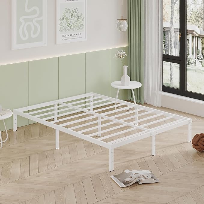 Cieemine 12 Inch Bed Frame Queen Size, Heavy Duty Steel Queen Bed Frame No Box Spring Needed, Mattress Foundation, Easy Assembly, Noise-Free,White