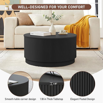 31.5" Round Coffee Table with Storage, Modern Accent Coffee Tables with Fluted Base, Wooden Circle Center Table for Living Room Small Space Apartment Office (Black)