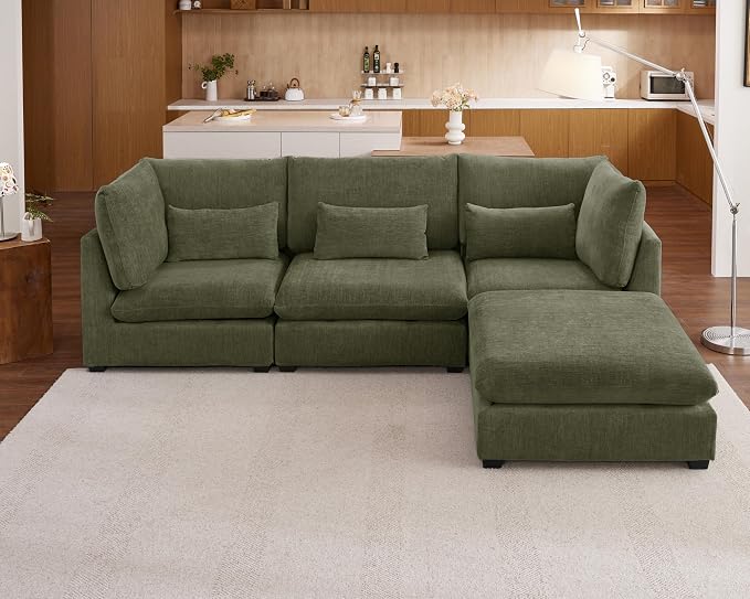 115" Oversized Chenille Couch Modular Sectional Sofa, Washable Cloud Couch Sectional with Ottoman, 4 Seater Sectional Couches for Living Room, Fully Cover Removable, L Shaped, Chenille, Green