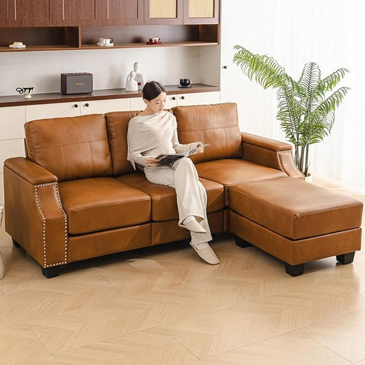 85'' Faux Leather Couch with Armrest Organizer,Sectional Sofa with Storage Movable Ottoman,Solid Wooden Frame,Thick Cushion,3 Seater L Shaped Couches for Living Room,Apartment,Home Furniture,Brown