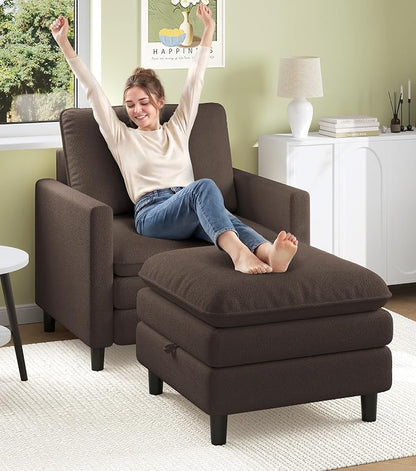 Welzona 3-Layers Cloud Accent Chair with Ottoman, 33" Comfy Reading Chair for Bedroom, Living Room, Tool-Free Assembly with Teddy Fabric Arm Chairs and Ottoman Set, Brown, Removable Washable Cover