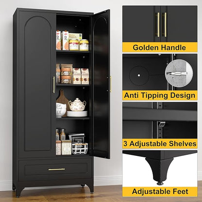 SteeLoong Metal Storage Cabinet with Drawers,75Inch Black Pantry Cabinets for Kitchen Storage with 3 Adjustable Shelves,Tall Kitchen Pantry Cabinet for Living Room, Dining Room，Office