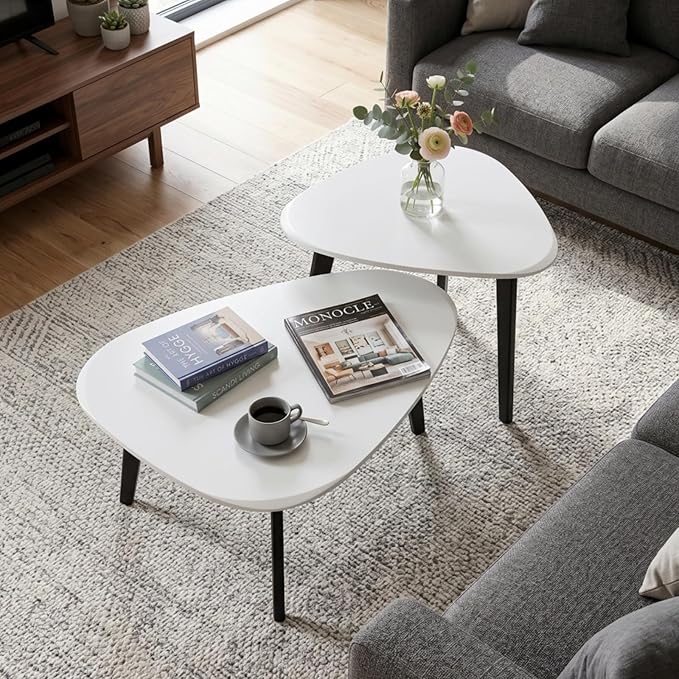 Nesting Coffee Table Set of 2-Mid Century Moder Coffee Table | Guitar Pick Stacking Tables with Solid Wood Legs,Small Coffee Tables for Small spaces,Living Room,Balcony