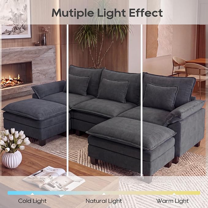 URRED Oversized Modular Sectional Sofa, 122" U Shaped Modern Comfy Cloud Couch with Movable Ottoman & Pillows, Deep Seat Couches for Living Room, Bedroom or Apartment (Velvet Grey, 122" U Shaped)