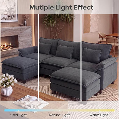URRED Oversized Modular Sectional Sofa, 122" U Shaped Modern Comfy Cloud Couch with Movable Ottoman & Pillows, Deep Seat Couches for Living Room, Bedroom or Apartment (Velvet Grey, 122" U Shaped)
