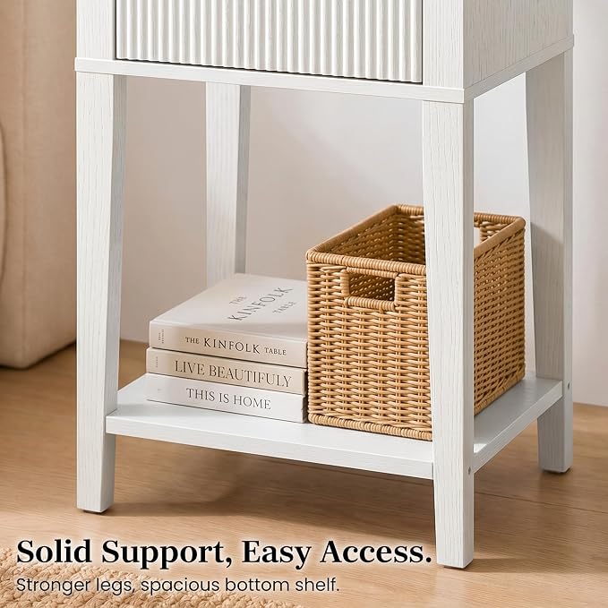 White 15" Wide Small Nightstands Set of 2, Drawer Shelf, Fluted Front | Matching pair, slim 11.8-inch depth, drawer and lower shelf each, bright storage for both sides of a bed or guest room