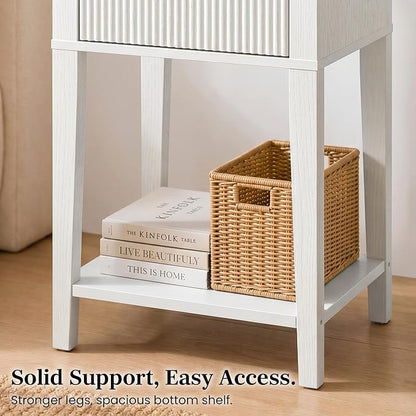 White 15" Wide Small Nightstands Set of 2, Drawer Shelf, Fluted Front | Matching pair, slim 11.8-inch depth, drawer and lower shelf each, bright storage for both sides of a bed or guest room