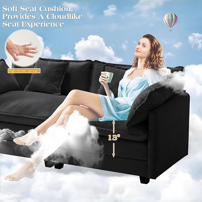 77.6" Modular Sectional Sofa,Loveseat Couch for Living Room, Modern Deep Seat Sofa 2 Seater Chenille Fabric Comfy Cloud Couches with Throw Pillows & Ottoman for Apartment,Small Spaces