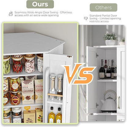 IRONCK Corner Cabinet, 72" H Kitchen Pantry Storage Cabinet, 4 Barn Doors with Storage Rack, 4 Adjustable Shelves, 6-Tier Tall Food Pantry Cabinet, Farmhouse Hutch for Kitchen Dining Room, White