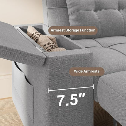 Ahomly 87" Convertible Sofa Bed – Space-Saving Sleeper with Pull-Out Design, Adjustable Backrest, Wide Armrests with Storage, Plush Cushions, Cozy for Small Spaces (Light Grey)