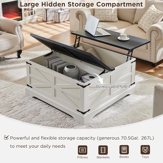 JXQTLINGMU Farmhouse Lift Top Coffee Table with Large Storage, 36" Square Wood Living Room Table with Hidden Compartment, Lift Tabletop Dining Table for Home, White