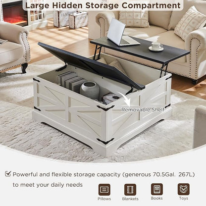 JXQTLINGMU Farmhouse Lift Top Coffee Table with Large Storage, 36" Square Wood Living Room Table with Hidden Compartment, Lift Tabletop Dining Table for Home, White