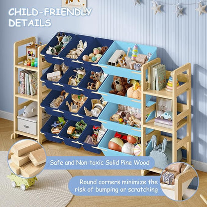 EXPERLAM Extra Large Toy Storage - Toy Storage Organizer, Wooden Toy Organizer with 6 Side Shelves and 16 Bins, 3-in-1 Bookshelf for Kids Rooms, Playroom, Nursery, Blue