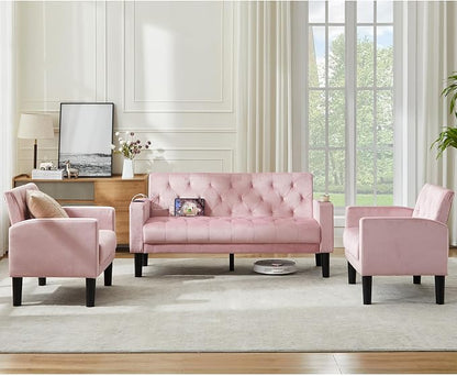 TYBOATLE Mid-Century Modern Tufted Pink Velvet Loveseat Sofa Set w/ 2 USB & 2 Cupholders, 3 Piece Living Room Furniture Sets, Small Love Seat Couches for Small Space Apartment Bedroom Office