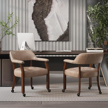 LEEMTORIG Set of 2 Dining Chairs with Casters and Arms, Rolling Dining Chairs with Wheels for Elderly, Ergonomic Wide Seat Wood Office Chair, 26" Dx25.2 W, Cherry Legs&Yellow Brown Fabric SY-1533-LT
