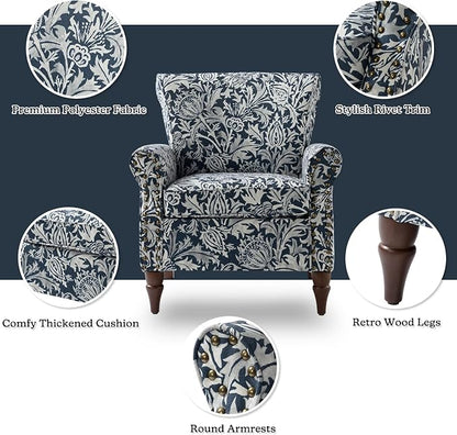 HULALA HOME Modern Wingback Accent Chair with Wood Legs & Removable Cushion, Comfy Upholstered Armchair with Nailhead Trim, Floral Pattern Single Sofa Chair for Living Room Bedroom, Navy