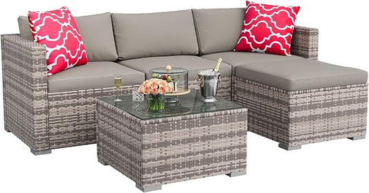 GAOMON 5-Piece All-Weather Patio Furniture Set, Convertible Outdoor Sectional Sofa with Ottoman & Tempered Glass Table, PE Rattan Conversation Set for Garden, Backyard, Porch, Poolside