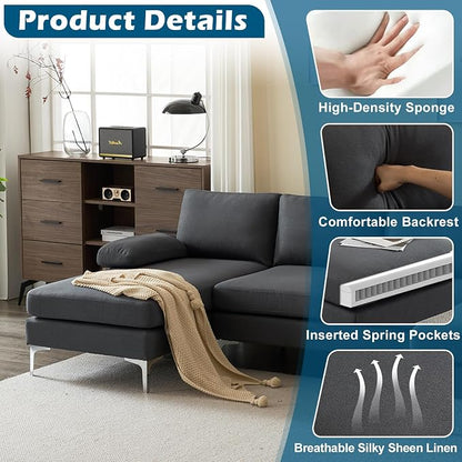 VINGLI 110" Modern Sectional Couch with 51" D Double Chaise, Dark Grey Deep Seat U Shaped Couch with Removable Pillows & Metal Legs, Comfy 4-Seat Sofas for Living Room, Linen Fabric