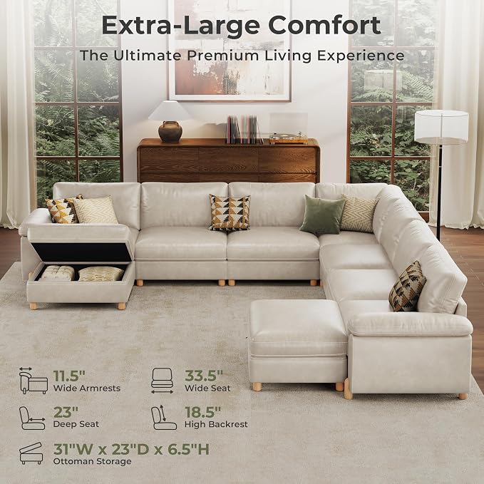SITJOY Large Cloud Couch, 138" Wide 7 Seater V Shape, Faux Leather in White | Pet-Friendly Scratch-Resistant Leather Sectional Sofas for Living Room, Deep Seat Wide Couch with Chaise, Storage Ottoman