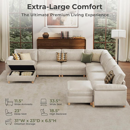 SITJOY Large Cloud Couch, 138" Wide 7 Seater V Shape, Faux Leather in White | Pet-Friendly Scratch-Resistant Leather Sectional Sofas for Living Room, Deep Seat Wide Couch with Chaise, Storage Ottoman
