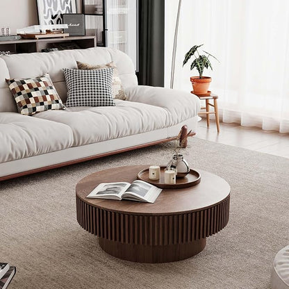 Round Coffee Table with Storage, Modern Wooden Coffee Table with Solid Wood Veneered, Circle Center Table Accent Tea Table for Living Room Apartment Small Space (31.5''L × 31.5''W × 14''H, Walnut)