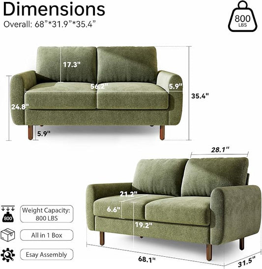 Ihanherry 68" Loveseat Sofa, Modern 2-Seat Couch, Mid Century Sofa, Comfy Chenille Deep Seat Couch for Living Room, Bedroom, Office, Apartment, Green