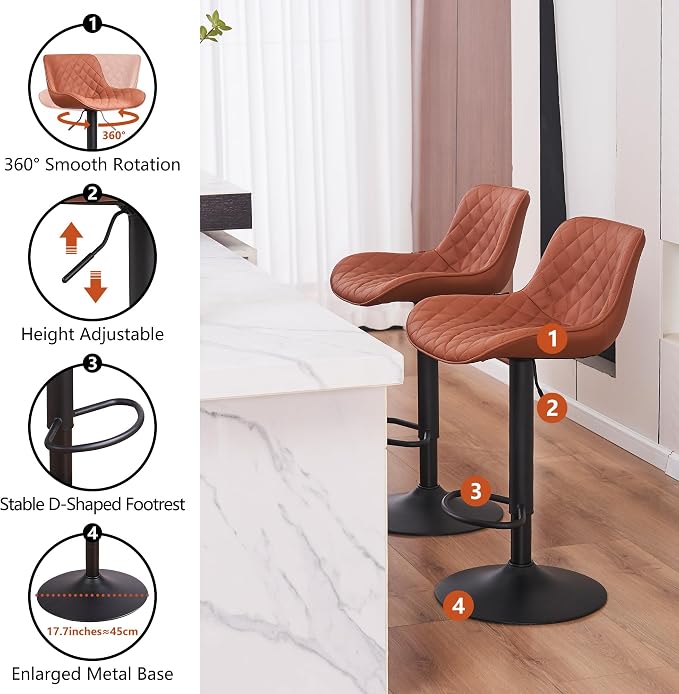 YOUTASTE Coffee Brown Bar Stools Set of 2 Adjustable Counter Height Barstools Faux Leather Bar Stool with Back Swivel Modern Metal Diamond Bar Chairs Home Kitchen Island Restuarant