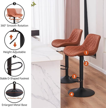 YOUTASTE Coffee Brown Bar Stools Set of 2 Adjustable Counter Height Barstools Faux Leather Bar Stool with Back Swivel Modern Metal Diamond Bar Chairs Home Kitchen Island Restuarant