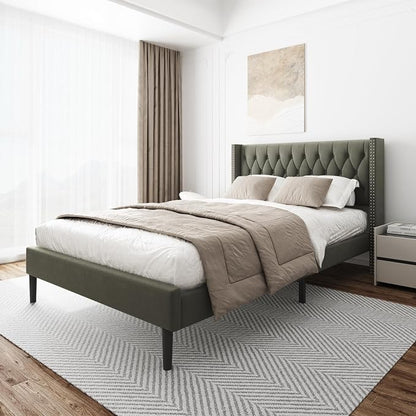 HAOARA Full Size Bed Frame, Upholstered Platform Bed with Wingback Headboard, Velvet Button Tufted, Easy Assembly, No Box Spring Needed, Green