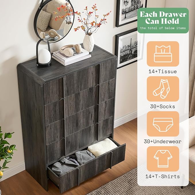 AMERLIFE Fluted 5 Drawer Dresser, 48" Tall Modern Chest of Storage Drawers with Pine Handles, Rounded Corners Design, Wood Drawers Organizer for Living Room, Nursery, Hallway, Black