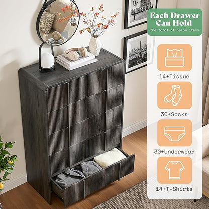 AMERLIFE Fluted 5 Drawer Dresser, 48" Tall Modern Chest of Drawers with Pine Handles, Rounded Corners & Anti-Tip Design, Wood Drawer Organizer for Bedroom, Living Room, Hallway, Black