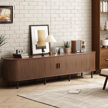 ONBRILL 94.5" TV Stand with Power Outlet for TVs up to 102 Inch, Entertainment Center with Storage and Adjustable Shelves, Modern Media Console with Sliding Doors for Living Room, Walnut